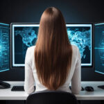 woman sitting at a desk with three large monitors with cyber security content displayed on each