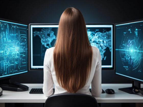 woman sitting at a desk with three large monitors with cyber security content displayed on each