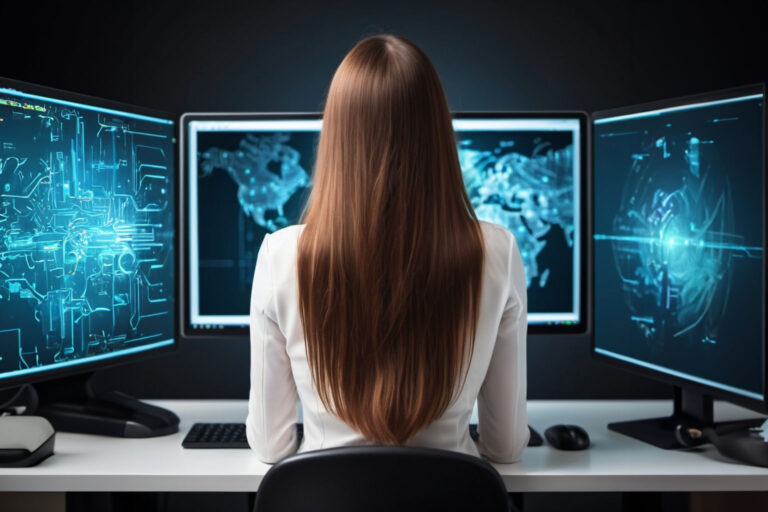 woman sitting at a desk with three large monitors with cyber security content displayed on each