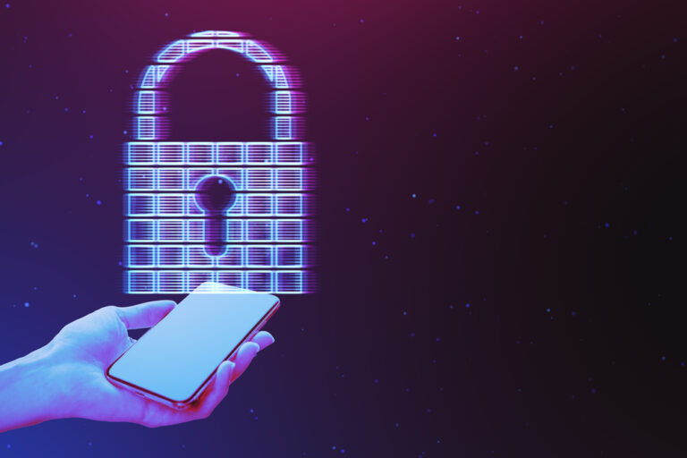 Close up of female hand holding mobile phone with glowing digital padlock hologram on dark purple background with mock up place. Secure and web safety concept.